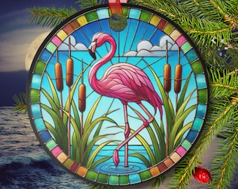 Pink Flamingo Stained Glass Ornament: Tropical Car Decor