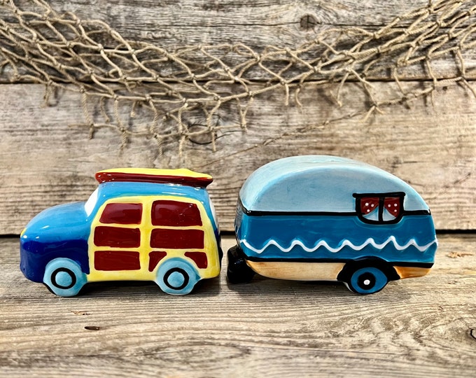 Cute Retro Woody Surfer Wagon with Vintage-Style Pull-Behind Camper Ceramic Salt & Pepper Shaker Set