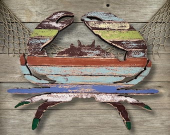 Colorful Wood Crab Wall Decor Weathered Coastal Nautical Plaque Beach House Wall Art Rustic Sea Life Hanging Accent Ocean Home Decor