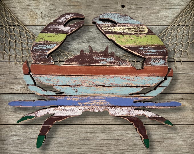 Colorful Wood Crab Wall Decor Weathered Coastal Nautical Plaque Beach House Wall Art Rustic Sea Life Hanging Accent Ocean Home Decor