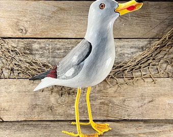 Hand-Painted Carved Wood Standing Seagull Tabletop Statue