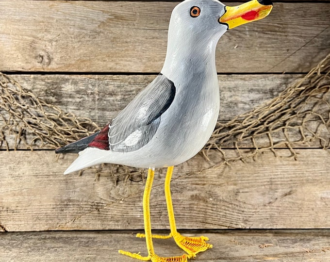Hand-Painted Carved Wood Standing Seagull Tabletop Statue
