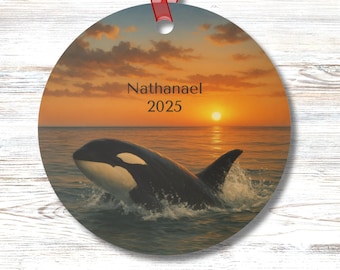 Personalized Orca Sunset Ornament Ocean Sea Life Gift Double Sided Whale Decor Round Metal Keepsake for Beach House or Tree Display