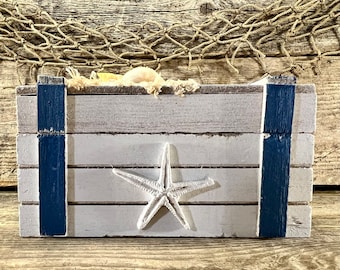 Distressed White and Blue Wood Treasure Box with Starfish, Seashells, and Fishing Net Embellishments