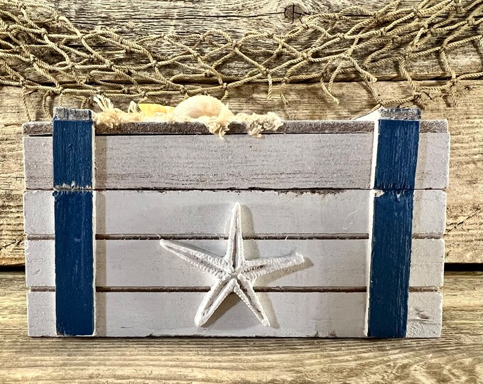 Distressed White and Blue Wood Treasure Box with Starfish, Seashells, and Fishing Net Embellishments