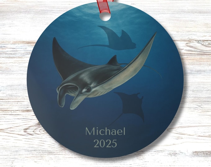 Personalized Manta Ray Ornament Ocean Animal Decor Double Sided Sea Life Gift Coastal Beach Ornament for Tree Desk or Car Mirror