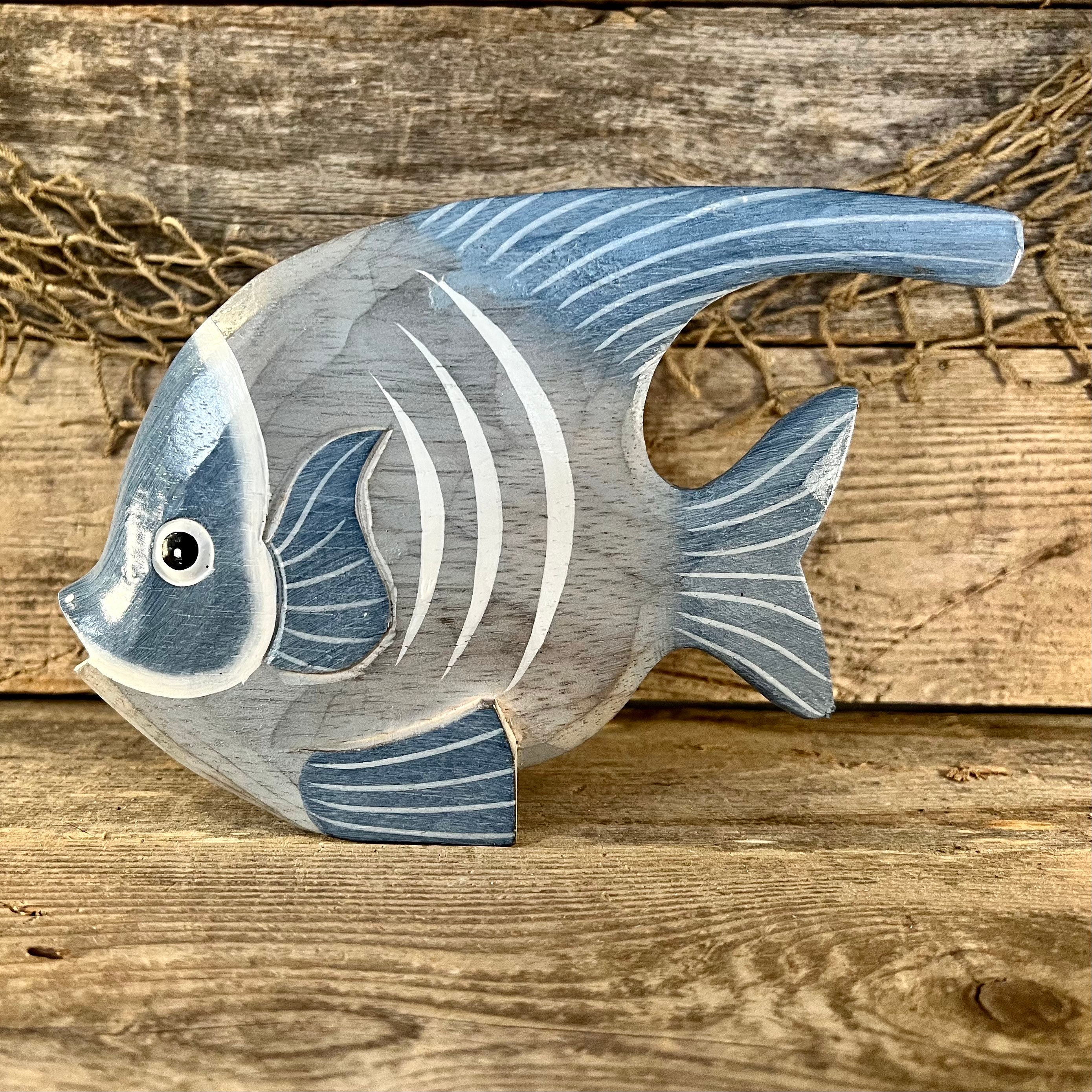 Small Hand-Painted Blue and White Carved Wood Angelfish Tabletop