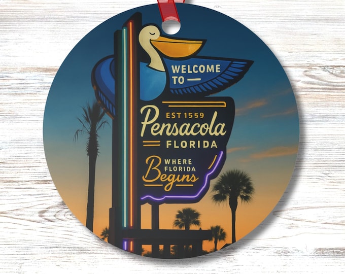 Pensacola Pelican Ornament Round Florida Welcome Sign Decor Coastal Gift for Beach Lovers Car Mirror Ornament Desk or Tree Display