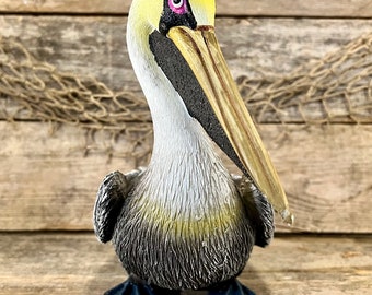Large Hand-Painted Resin Sitting Coastal Brown Pelican Statue