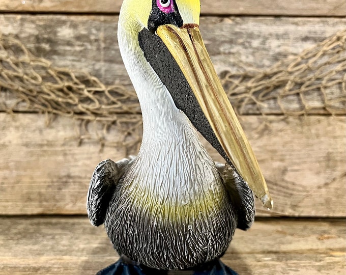 Large Hand-Painted Resin Sitting Coastal Brown Pelican Statue