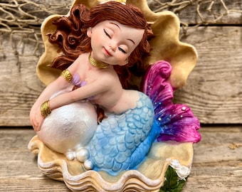 Resin Mermaid with Blue Tail Resting On Pearl Inside Giant Clam Shell Tabletop Statuette