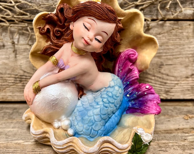 Resin Mermaid with Blue Tail Resting On Pearl Inside Giant Clam Shell Tabletop Statuette