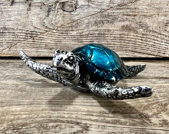 Metallic Blue and Silver Resin Sea Turtle Tabletop Figurine