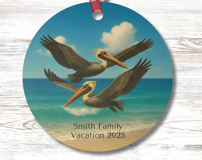 Personalized Pelican Ornament Coastal Beach Vacation Keepsake Flying Duo Ocean Art Round Aluminum Sea Bird Gift for Him Her or Family