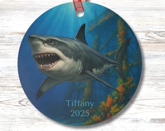 Personalized Great White Shark Ornament Double Sided Ocean Predator Gift for Him Beach Decor Diver Christmas Tree Ornament