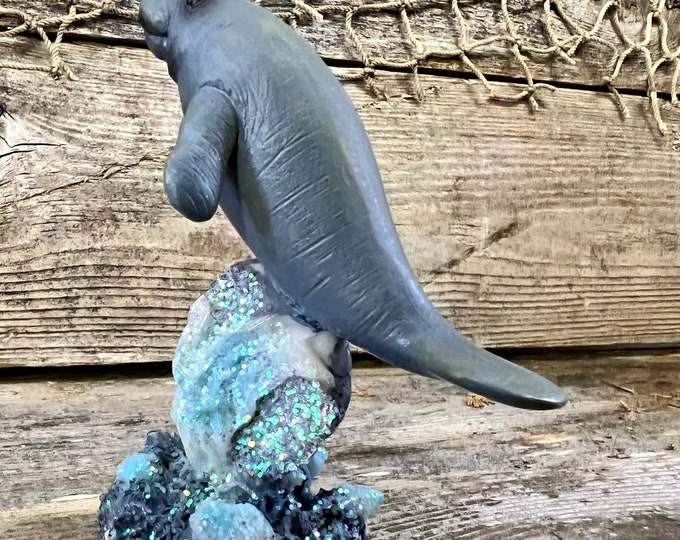 Miniature Resin Florida Manatee On Sparkling Crystal-Look River Rock Figurine