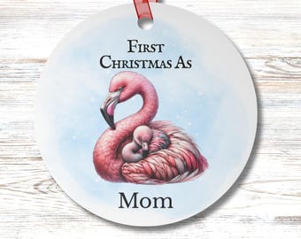 Personalized First Christmas Mom Mama Aunt Sister Ornament Pink Flamingo Custom Name Coastal Holiday Round Christmas Gift for Beach Lovers