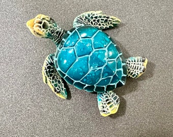 Cute Baby Sea Turtle Hatchling with Blue and Teal Watercolor Shell Figurine and Magnet