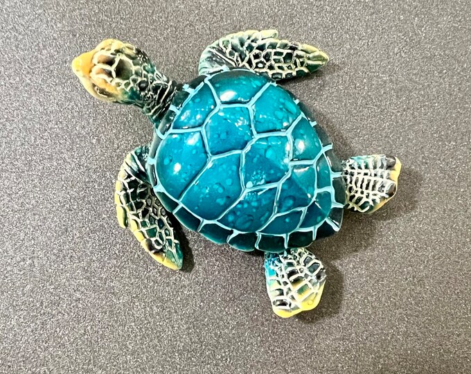 Cute Baby Sea Turtle Hatchling with Blue and Teal Watercolor Shell Figurine and Magnet