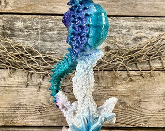 Purple and Aquagreen Polyresin Seahorse On Coral with Seashells and Blue Anemone Tabletop Figurine