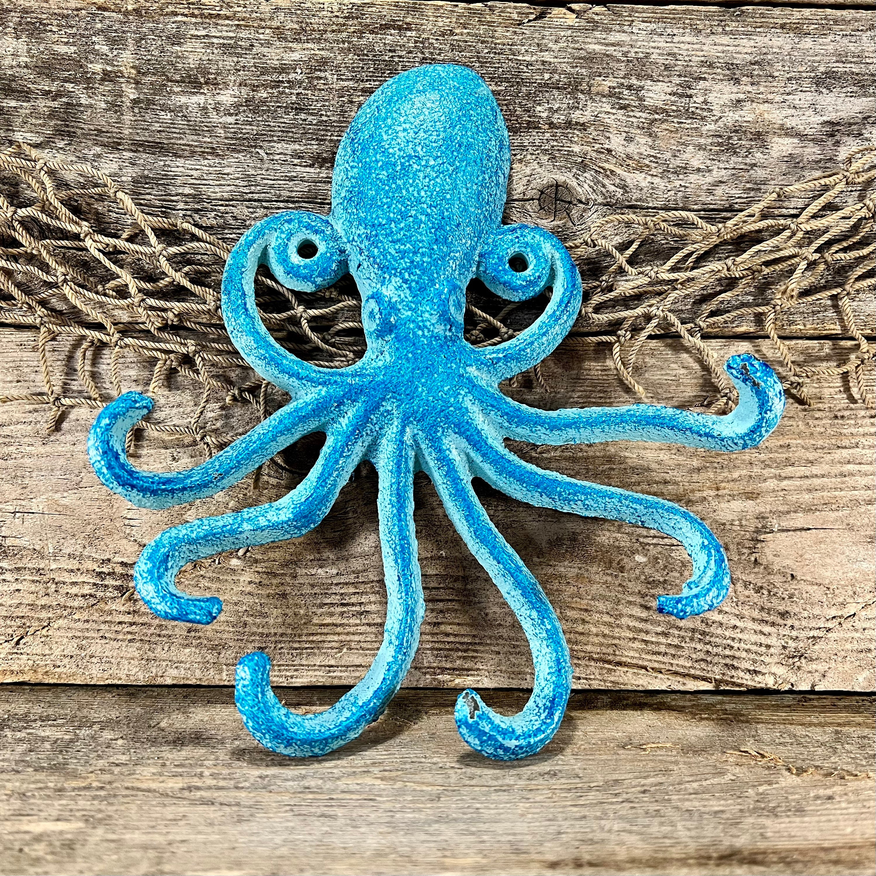 Distressed Two-Tone Blue Cast Iron Octopus 6-Prong Wall Hook