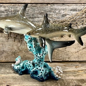 Polyresin Great White Shark Pair Swimming On Blue Coral Reef Tabletop Sculpture
