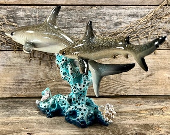 Polyresin Great White Shark Pair Swimming On Blue Coral Reef Tabletop Sculpture