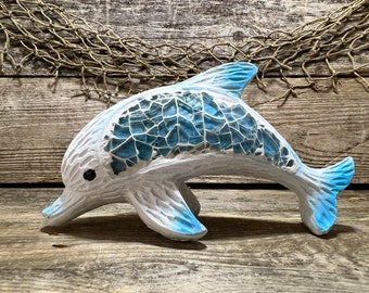 Bottlenose Dolphin Wood-Look Plaster Figurine with Mosaic Glass Embellishment