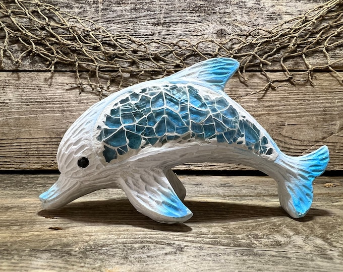 Bottlenose Dolphin Wood-Look Plaster Figurine with Mosaic Glass Embellishment