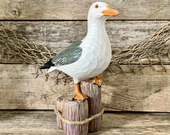 Hand-Painted Wood-Look Resin Seagull On Pilings Statue