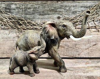Hand Painted Standing Elephant Mother with Cub Sculpture Beach Nautical Decor Inspired by Florida Elephants Unique Gift for Elephant Lovers