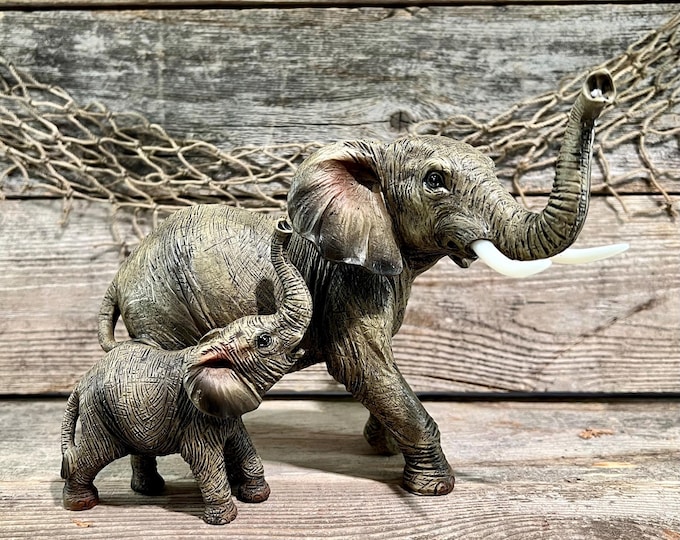 Hand Painted Standing Elephant Mother with Cub Sculpture Beach Nautical Decor Inspired by Florida Elephants Unique Gift for Elephant Lovers