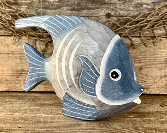 Small Hand-Painted Blue and White Carved Wood Angelfish Tabletop Sculpture