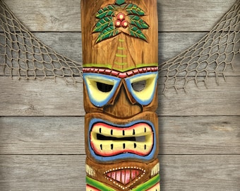 Coconut Palm Tiki Mask Handmade Wood Wall Art Coastal Decor Tropical Wall Hanging Island Style Plaque Polynesian Beach House Decor