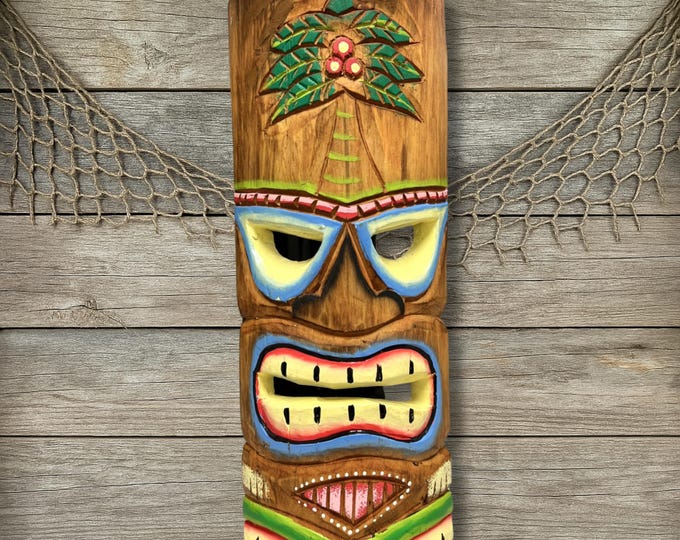 Coconut Palm Tiki Mask Handmade Wood Wall Art Coastal Decor Tropical Wall Hanging Island Style Plaque Polynesian Beach House Decor