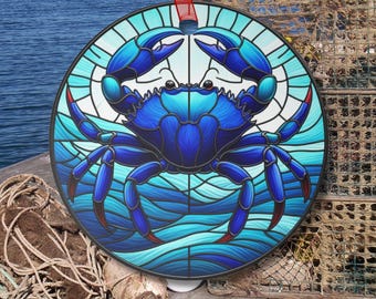 Blue Crab Suncatcher, Metal Nautical Ornament, Coastal Car Charm