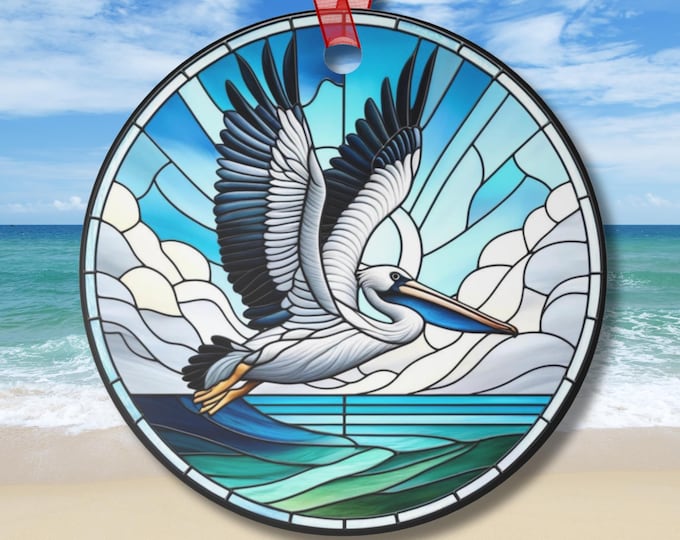 Suncatcher-Inspired Coastal Pelican Everyday Ornament Two-Sided Metal Gift with Ribbon for Beach Sea Bird Lovers Christmas Tree or Car Decor