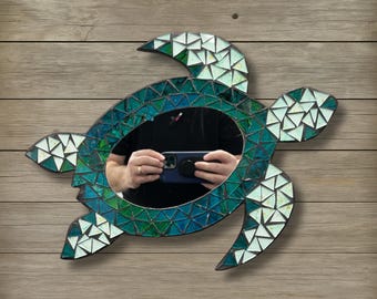 Sea Turtle Mosaic Mirror Green Blue Teal Glass Wall Art Coastal Beach Decor Tropical Plywood Backing Ocean Bathroom Nautical Wall Accent