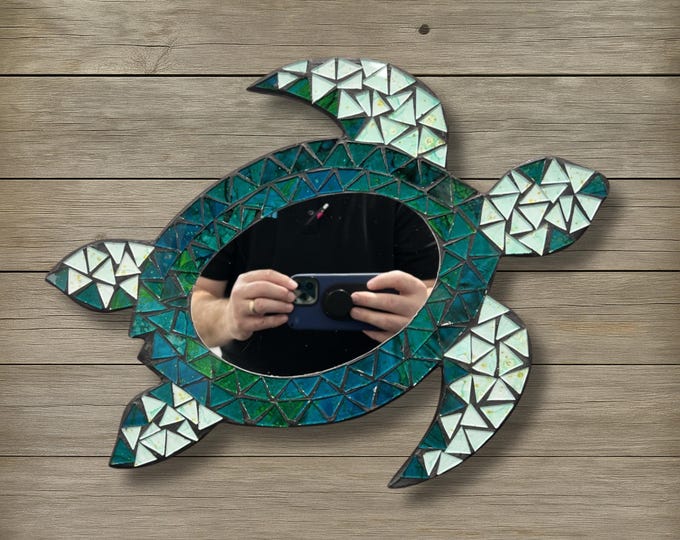 Sea Turtle Mosaic Mirror Green Blue Teal Glass Wall Art Coastal Beach Decor Tropical Plywood Backing Ocean Bathroom Nautical Wall Accent