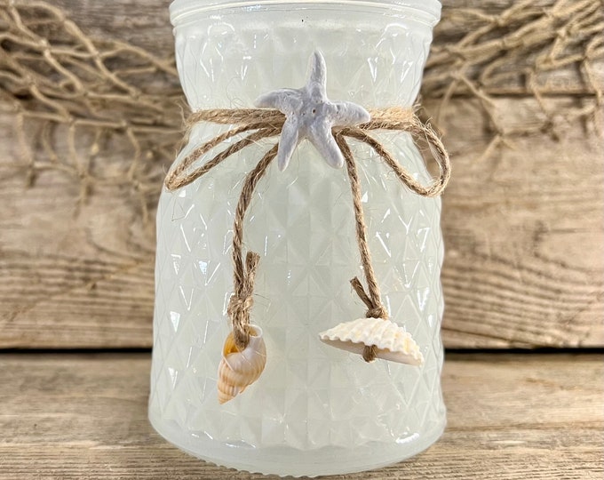 Handmade Distressed Decorative Smoked Glass Coastal Jar with Resin Starfish and Natural Seashell Embellishments