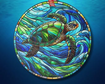 Suncatcher-Inspired Green Sea Turtle Ornament Metal Coastal Decor Gift for Turtle Lovers Ocean Beach Rearview Mirror or Desk with Ribbon