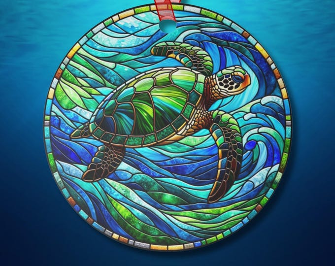 Suncatcher-Inspired Green Sea Turtle Ornament Metal Coastal Decor Gift for Turtle Lovers Ocean Beach Rearview Mirror or Desk with Ribbon