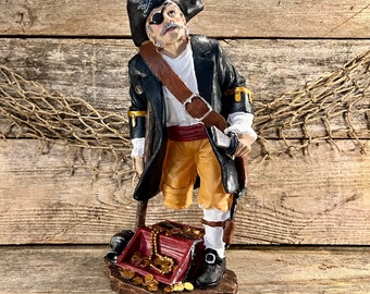 Peg-Leg Pirate Captain Defending Treasure Chest with Sword Resin Statue