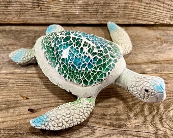 Coastal Blue and White Plaster Sea Turtle with Crushed Mosaic Glass Shell Tabletop Figurine