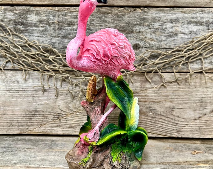 Pink Flamingo Standing In Cattails Hand-Painted Unique Florida Tabletop Figurine