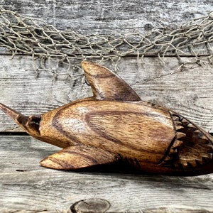 Intricately Detailed Hand-Carved Wood Great White Shark Figurine