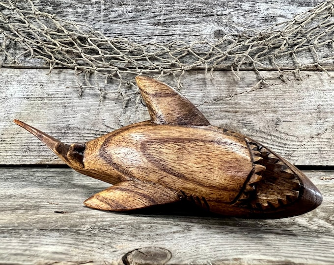 Intricately Detailed Hand-Carved Wood Great White Shark Figurine