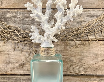 Decorative Coastal Blue Glass Bottle w/ Resin White Coral Topper and Jute Rope Accent