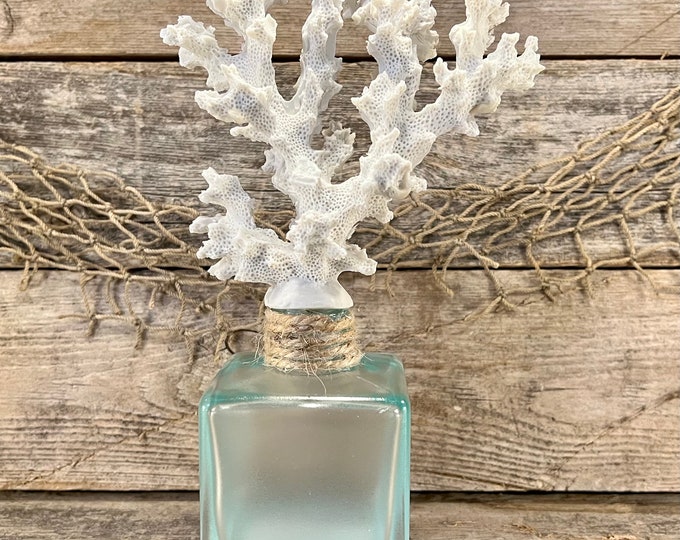 Decorative Coastal Blue Glass Bottle w/ Resin White Coral Topper and Jute Rope Accent