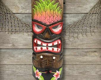 Hand-Painted Tiki Mask: Plumeria Flowers, Primitive Tribal Decor